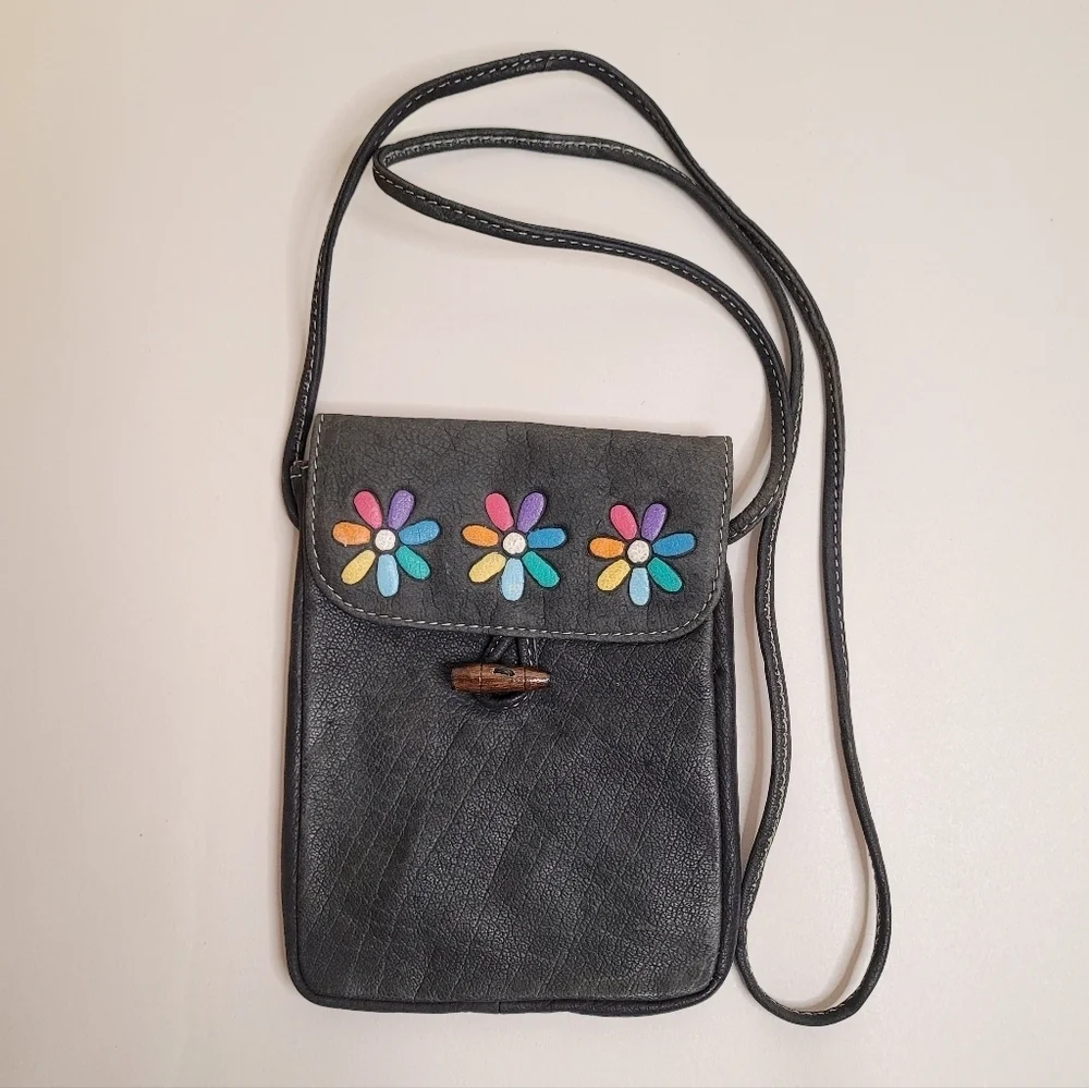 Vintage Hand-Painted Floral Leather Crossbody Bag